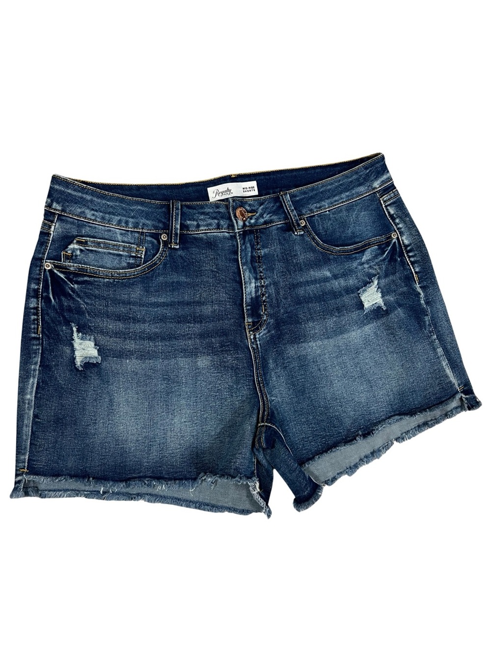 Royalty For Me Dark Blue Frayed Denim Jean Shorts Womens Size 14 Stretch